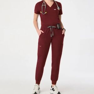 figs Uman Relaxed Jogger Scrub Pants and catarina one pocket top burgandy medium